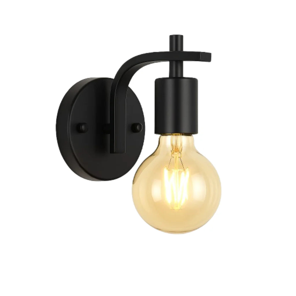Industrial Wall Light | Black Iron Round Backplate with Curved Arm Open Bulb Design