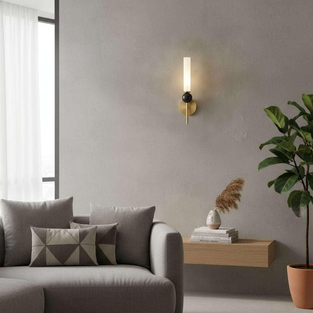 Art Deco Brass Wall Light | Slim Copper Body with Frosted Acrylic Shade and Black Sphere Detail