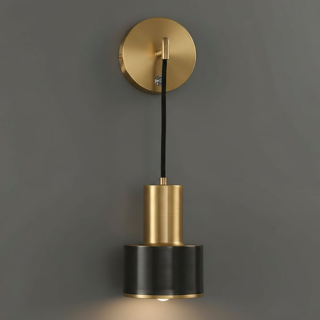 Brass Wall Light | Adjustable Brass & Black Cylinder Sconce with Wall Mount Plate