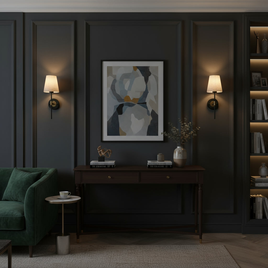 Stick-On Rechargeable Wall Light | Vintage Black and Gold Sconce with Fabric Shade