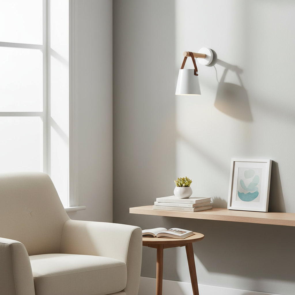 Modern Wall Light | Nordic Wooden Sconce with Leather Strap & Metal Shade