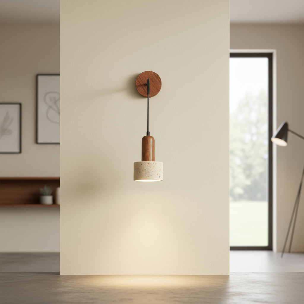Contemporary Wall Light | Wabi-Sabi Natural Stone and Walnut Wood LED Sconce