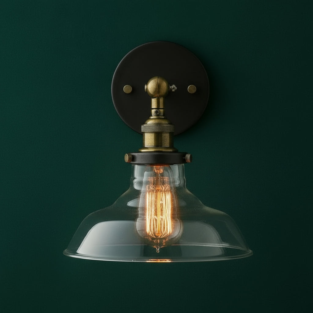 Antique Brass Wall Light | Industrial Curved Arm Sconce with Clear Glass Dome Shade and Round Wall Plate