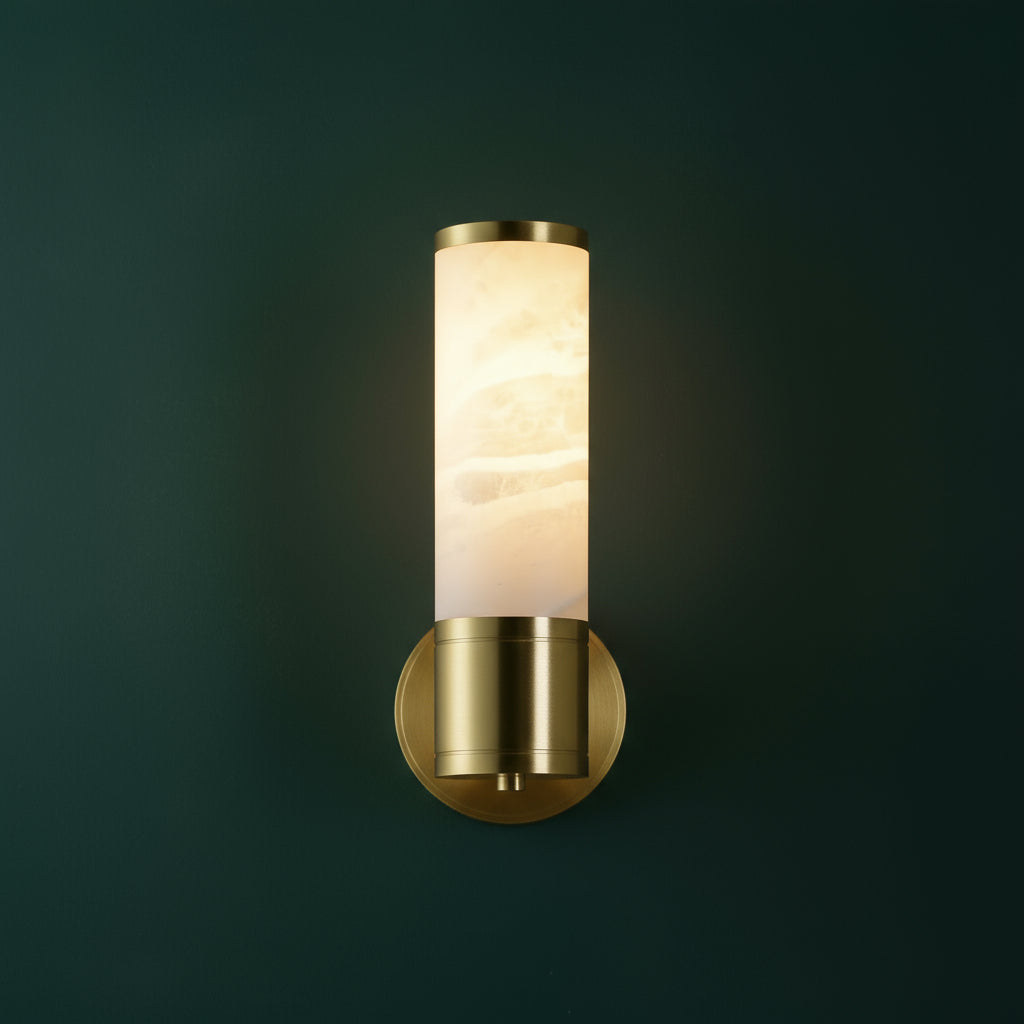 Brass Wall Light | Vertical Cylinder Sconce in Brass & Marble