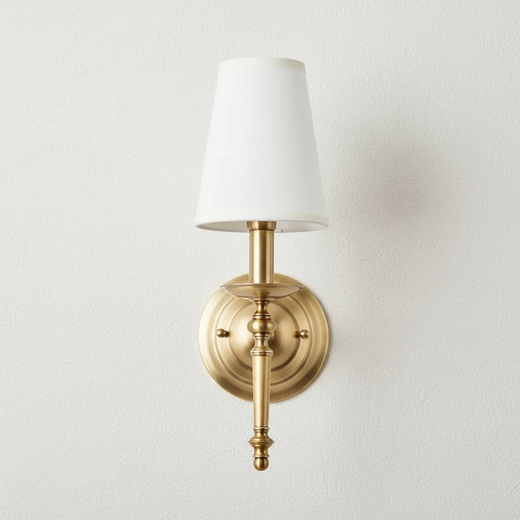 Antique Brass Wall Light | Polished Copper Body with White Fabric Shade