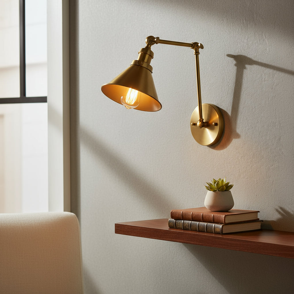 Brass Wall Light | Adjustable Vintage Cone Shade with Articulated Arm