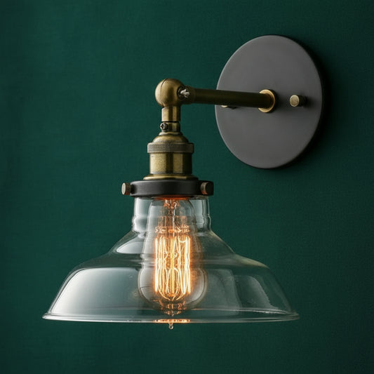 Antique Brass Wall Light | Industrial Curved Arm Sconce with Clear Glass Dome Shade and Round Wall Plate