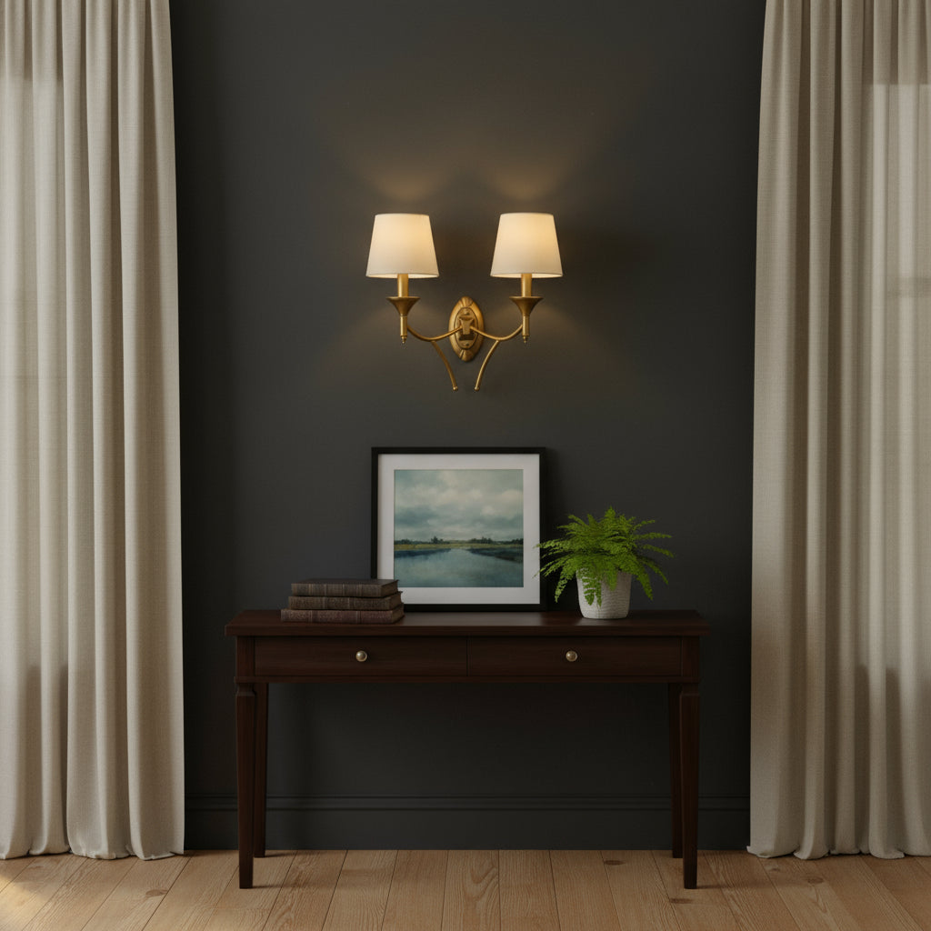 Rechargeable Wall Light | Double Arm Antique Brass Double Arm Sconce with White Fabric Shades