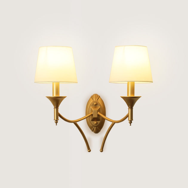 Antique Brass Wall Light | Double Arm Sconce with White Fabric Shades