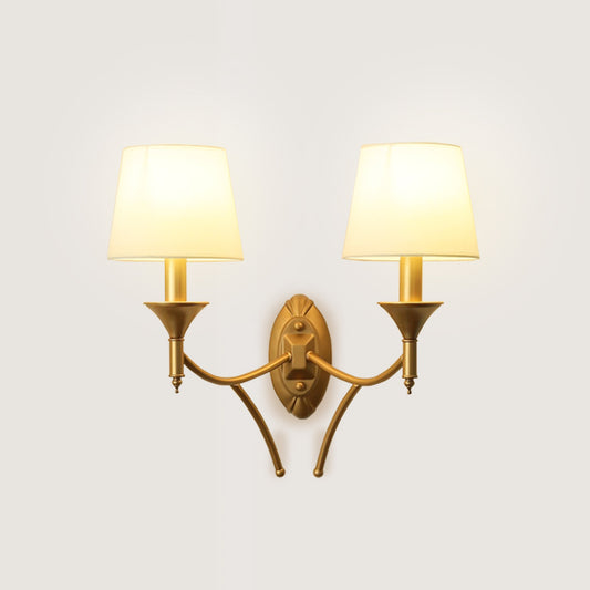 Antique Brass Wall Light | Double Arm Sconce with White Fabric Shades