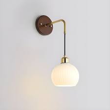 Art Deco Wall Light | Walnut Wood and Frosted Glass Globe Sconce with Brass Arm