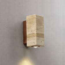 Contemporary Wall Light | Travertine Cylinder or Square Shade with Solid Wood Base