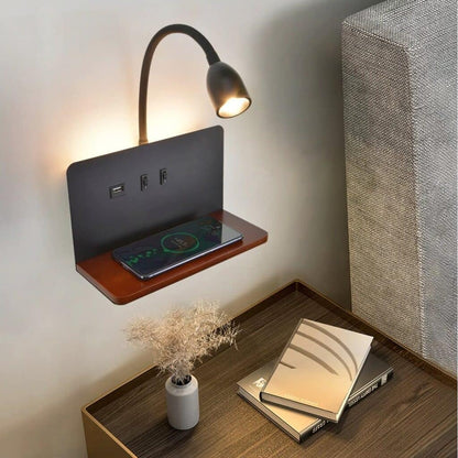 LED Wall Light | Bedside Sconce with USB & Wireless Charging Shelf
