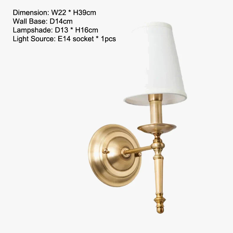 Antique Brass Wall Light | Polished Copper Body with White Fabric Shade