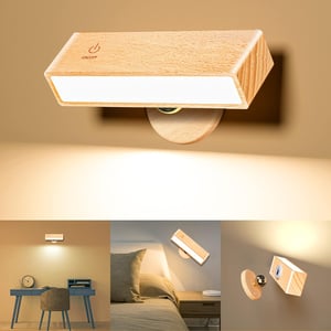Stick-On Rechargeable Wall Light | Rotating Wooden LED Sconce