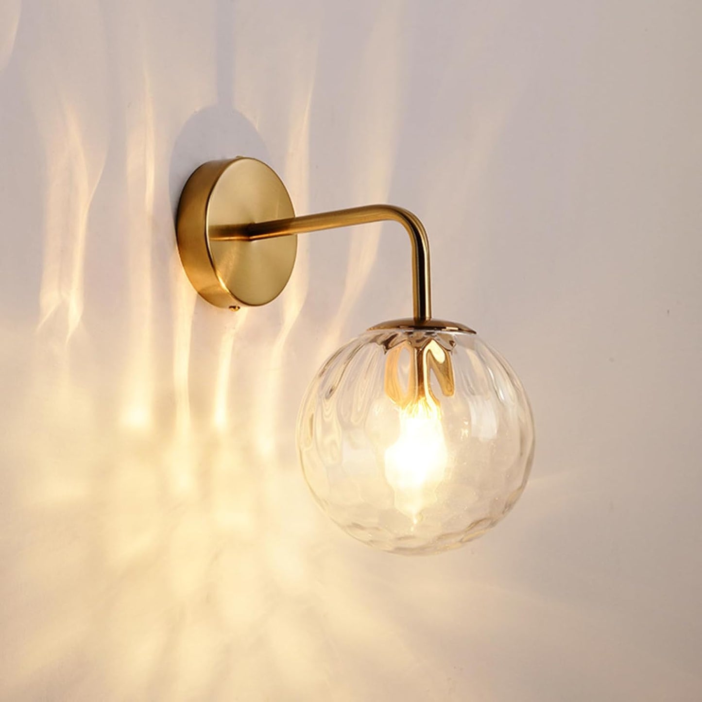 Brass Wall Light | Round Base Sconce with White Textured Fabric Shade
