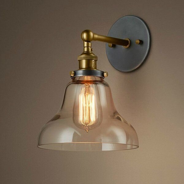 Antique Brass Wall Light | Industrial Clear Glass Dome Sconce with Round Wall Plate