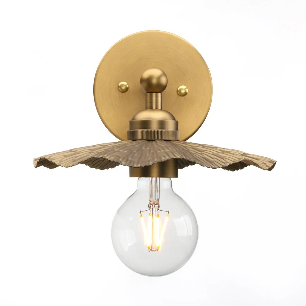 Antique Brass Wall Light | Handcrafted Leaf-Shaped Shade with Exposed Edison Bulb