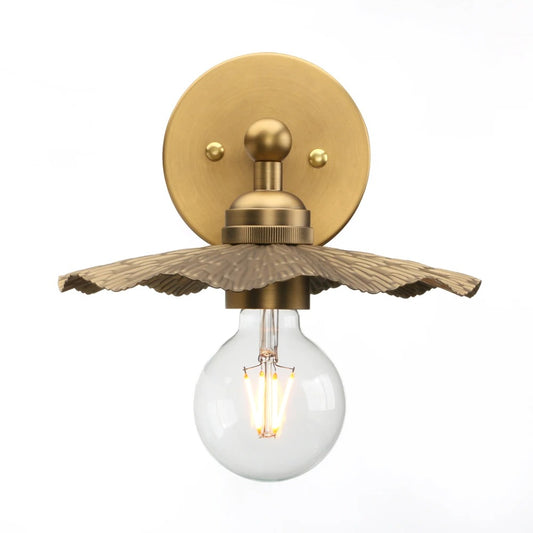 Antique Brass Wall Light | Handcrafted Leaf-Shaped Shade with Exposed Edison Bulb